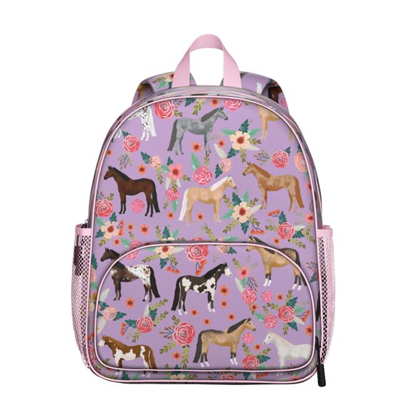 Unicorn And Horse Student Backpack – Rainbow Retro Rural Floral Pattern With Wild Pony Cute Farm Print Design