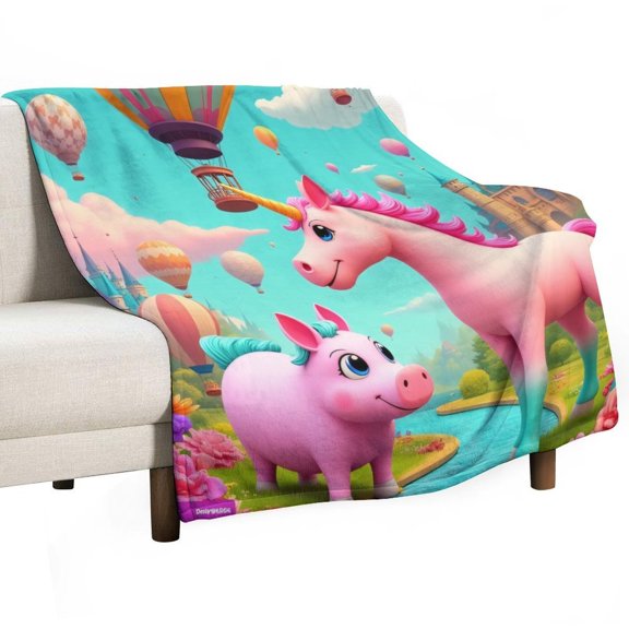 Unicorn And Pig in Fantasy Land Throws Blankets for Sofa Bed Winter Plush Warm Blanket Holiday Gifts