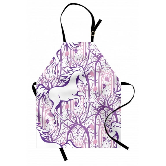 Unicorn Apron Unicorn Galloping on Curved Swirled Tree Branches in Abstract Forest Pattern Art Print, Unisex Kitchen Bib Apron with Adjustable Neck for Cooking Baking Gardening, Purple, by Ambesonne