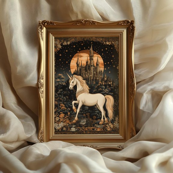 Unicorn Art Print Medieval Decor And Castle View
