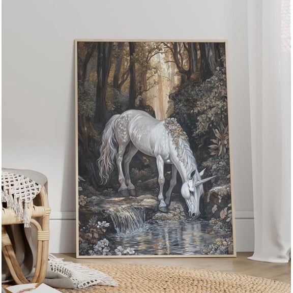Unicorn At Crystal Stream Poster, Enchanted Forest Wall Art