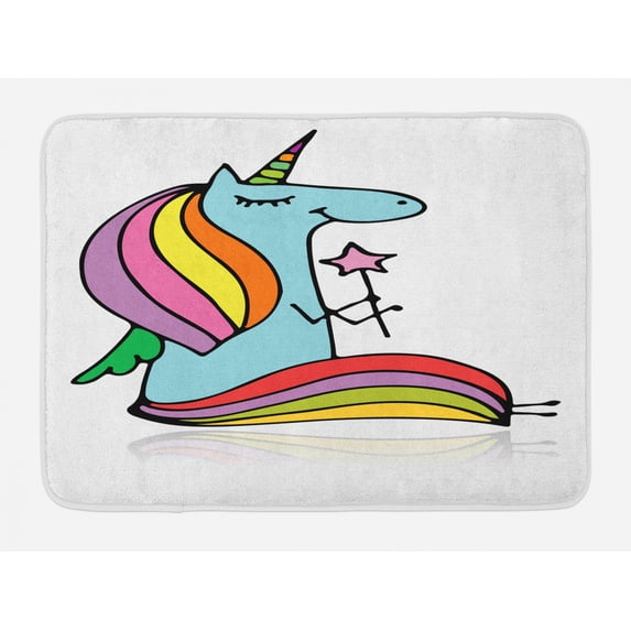 Unicorn Bath Mat, Doodle Drawing of a Mythical Animal Colorful Horse with Horn Holding a Magic Wand, Non-Slip Plush Mat Bathroom Kitchen Laundry Room Decor, 29.5 X 17.5 Inches, Multicolor, Ambesonne