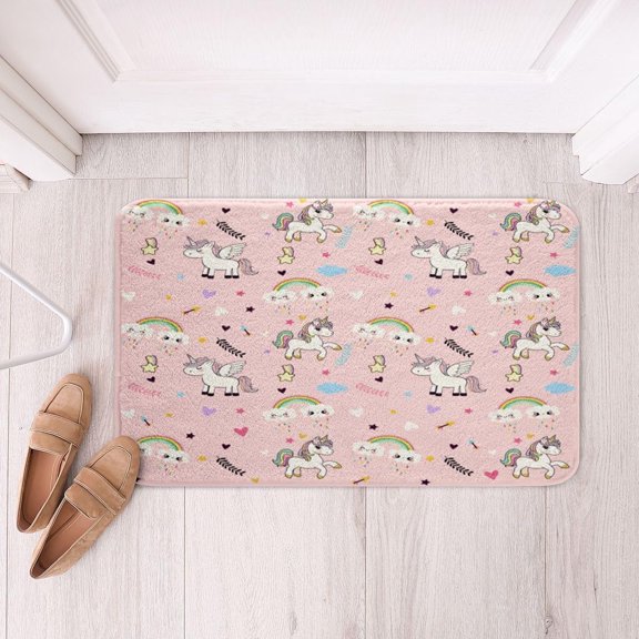 Unicorn Bathroom Rug 16 x 24 Rainbow Bath Mat With Hearts Stars Clouds and Raindrops