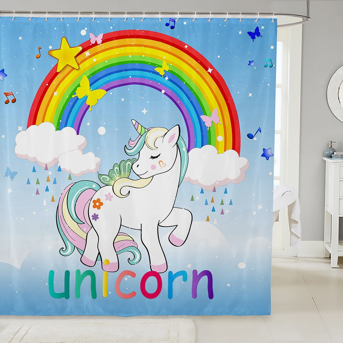 Unicorn Bathroom Shower Curtain Sets, Light Blue And White Unicorn 