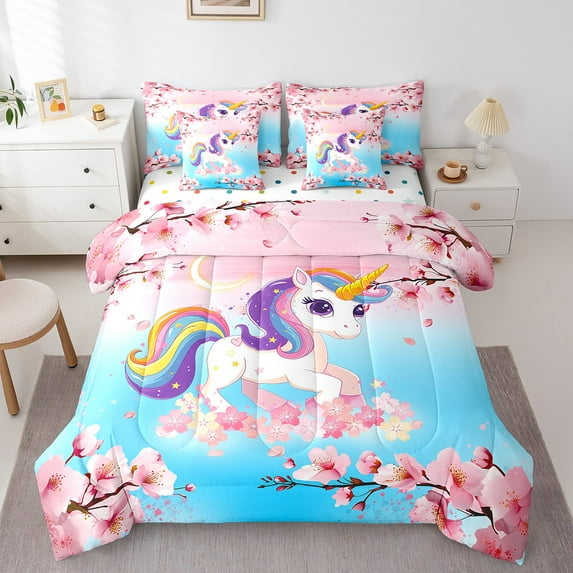 Unicorn Bed in a Bag Queen Comforter Set 7 Piece,Dreamy Horse Cartoon Animal Bedding Sets Gradient Teal Pink Cherry Blossom Flowers Sheet Set with Comforter