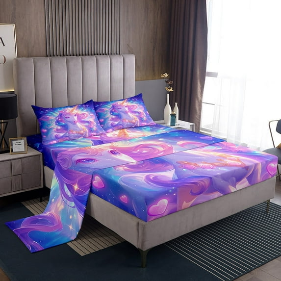Unicorn Bed Sheets Set Queen,Purple Unicorn Bedding Set,Princess Sheet Set Unicorn Galaxy Flat Fitted Sheet 4 Pcs with 2 Pillow Cases,Ombre Gradient Bed Set