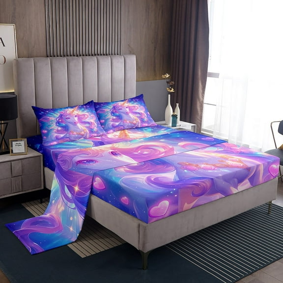 Unicorn Bed Sheets Set Queen,Purple Unicorn Bedding Set,Princess Sheet Set Unicorn Galaxy Flat Fitted Sheet 4 Pcs with 2 Pillow Cases,Ombre Gradient Bed Set
