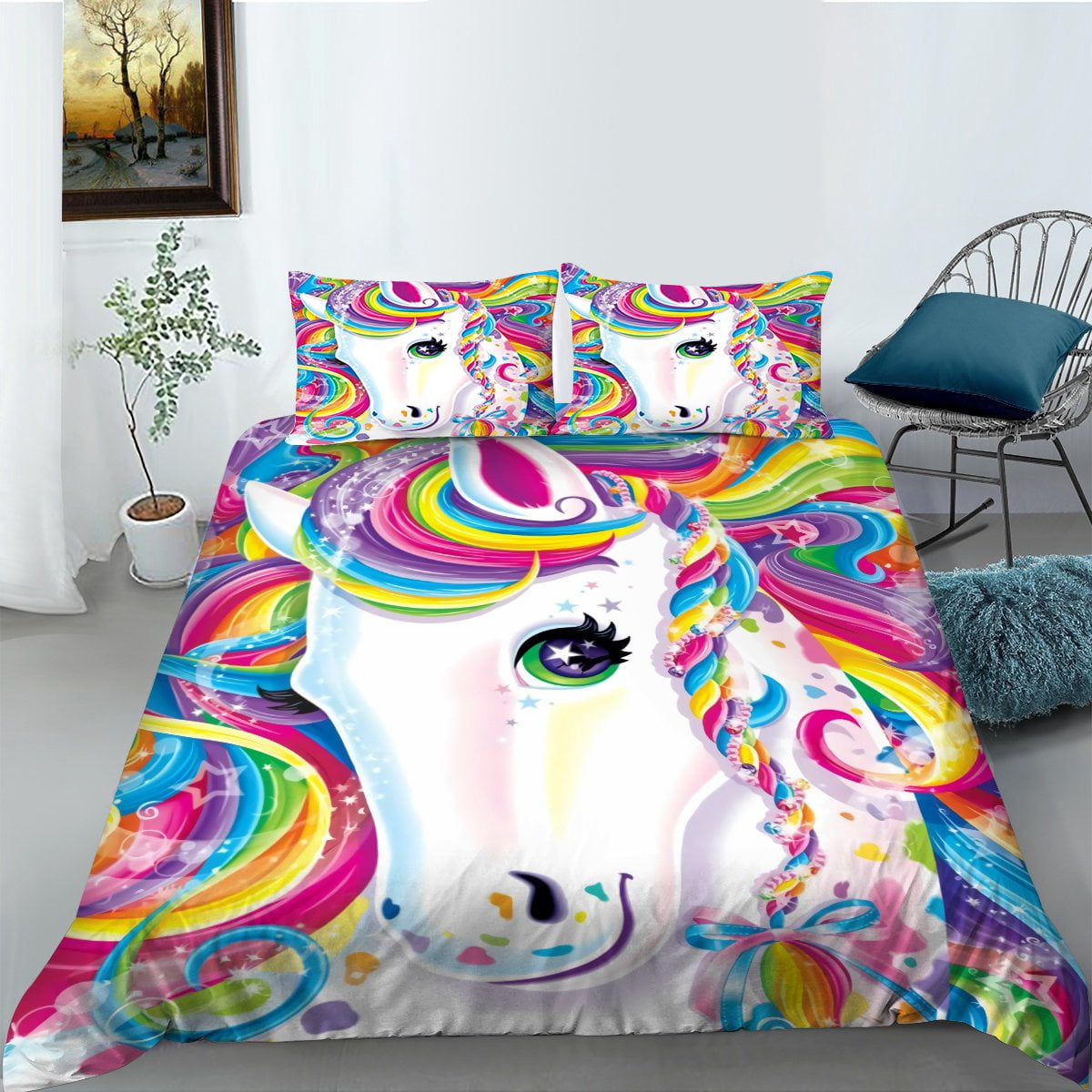 Unicorn Bedding，Girls AllSeason Rainbow Unicorn Comforter Set,Queen (90"x90")