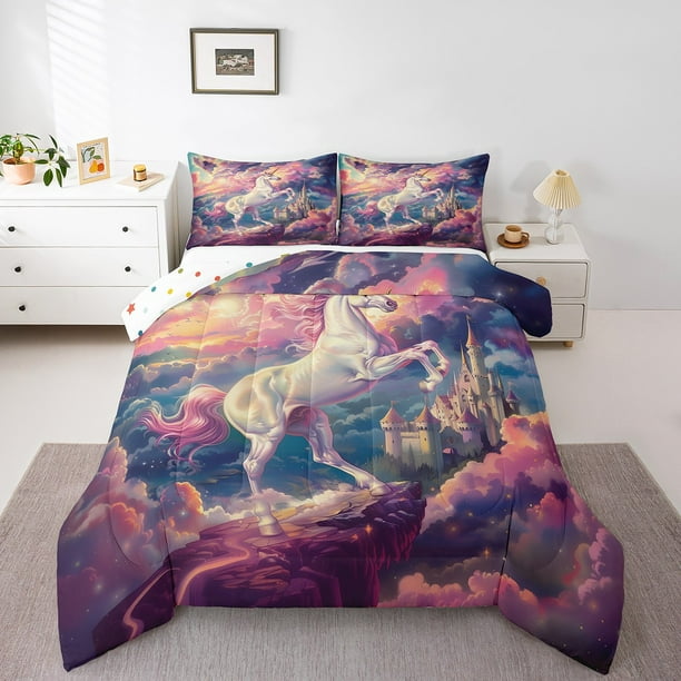 Unicorn Bedding Set 3 Pieces Queen Size Unicorn Comforter Set 3D Purple Dreamy Horse Kids Comforter Set Lovely Castle Pink Clouds Quilted Duvet Set with 2 Pillow Cases Unicorn Stars Reversible