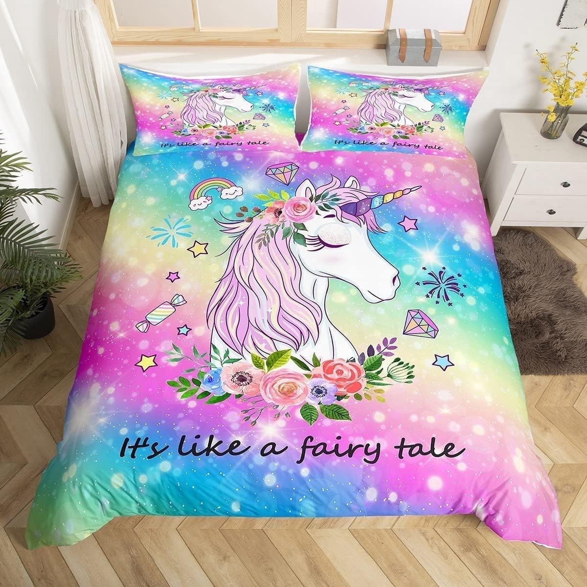 Unicorn Bedding Set Rainbow Galaxy Comforter Cover ,Cartoon Magical Animal Duvet Cover Cute Dreamy Horse Bed Sets Full,Glitter Stars Flowers Unicorn Bedroom (No Comforter)