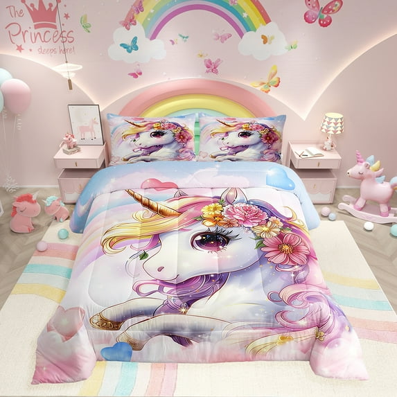 Unicorn Bedroom Bedding Set Rainbow Unicorn Comforter Set Full Unicorn Bedroom Decor, Cute Reversible Stars Quilt Comforter Teens Cartoon Unicorn Duvet