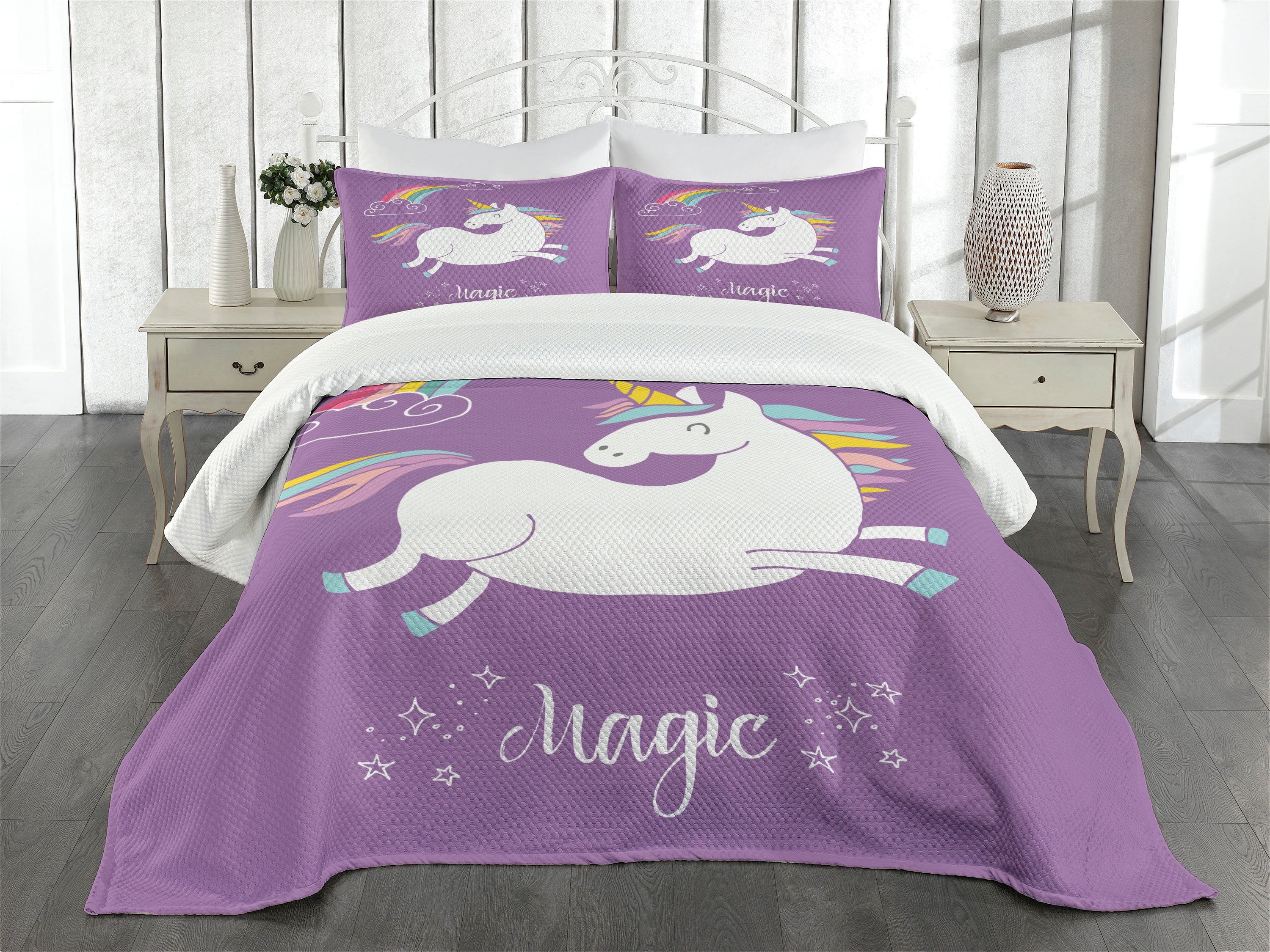 Unicorn Bedspread Set Queen Size, Mythical Animal with Clouds and
