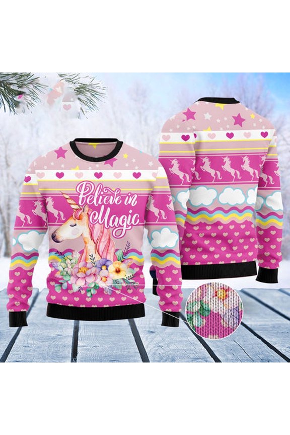 Unicorn Believe In Magic 3D Christmas Sweater, Funny Xmas Sweater, Sweater Xmas