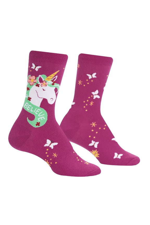 Unicorn Believe In Magic One Size Fits Most Purple Ladies Crew Socks