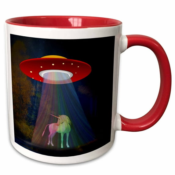 3drose, Unicorn Below Red Ufo Rainbow Beam at Night, 3dramm, 11oz Two-tone Red Mug