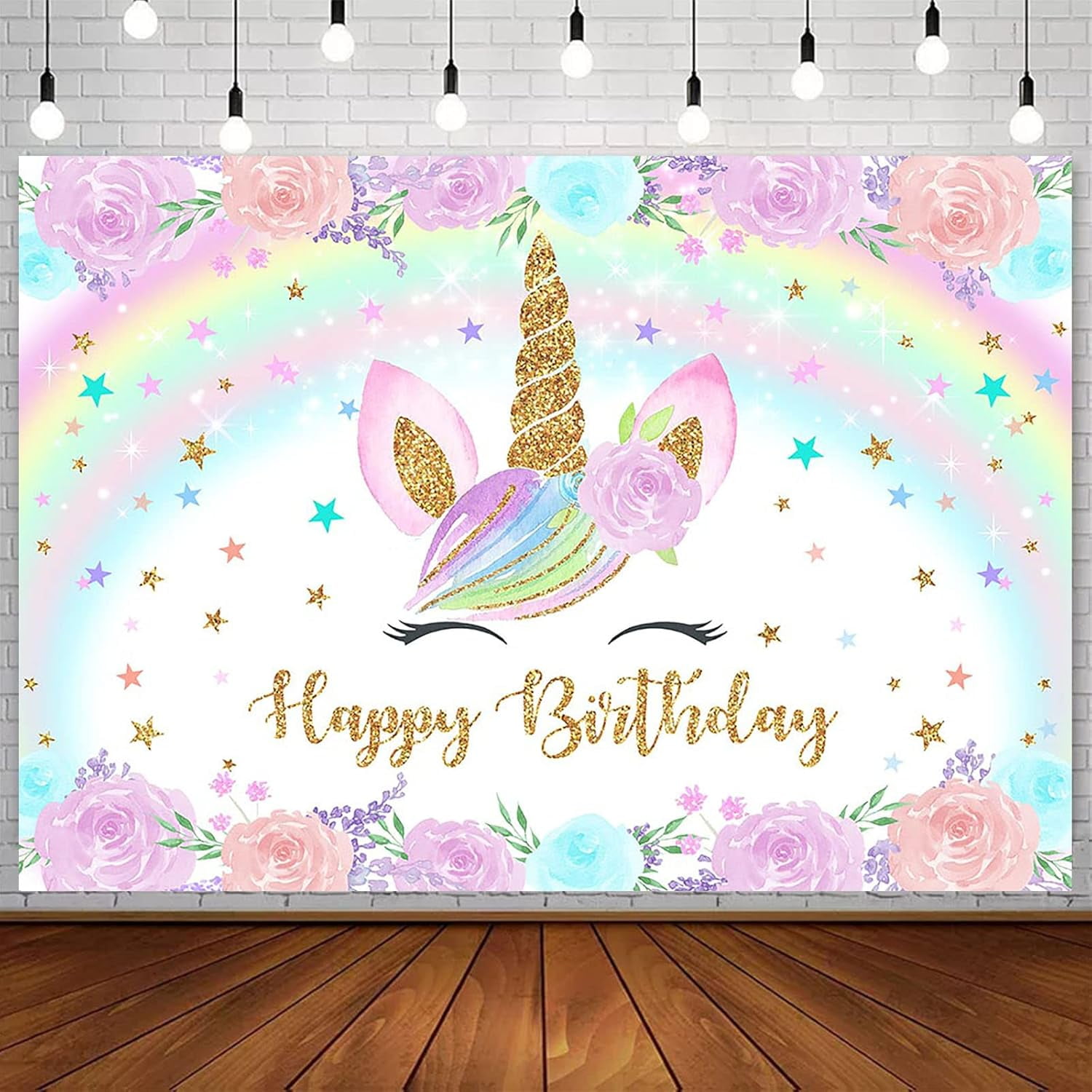 Unicorn Floral Leaves White Round Birthday Backdrop