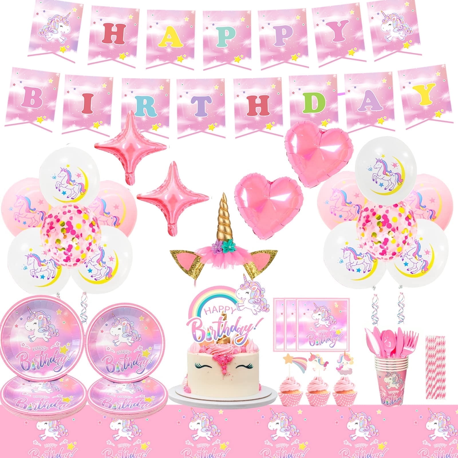 Unicorn Birthday Decorations,178pcs Unicorn Party Supplies Tableware Set-Unicorn Balloon Banner Headband Tablecloth Plates Cups ect Unicorn Themed Party Supplies for Girls