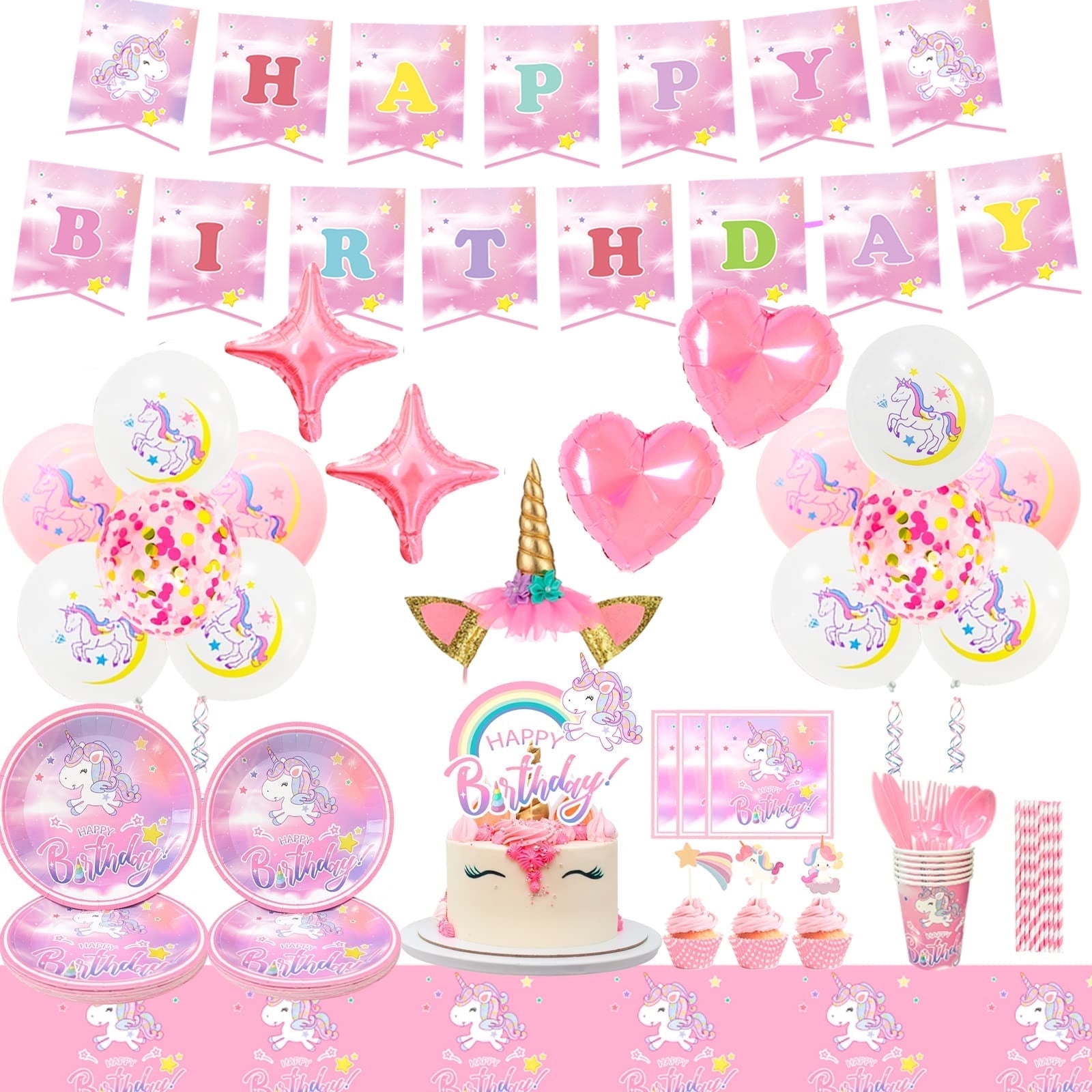 Unicorn Birthday Decorations for Girls,180pcs Unicorn Party Supplies Tableware Set-Unicorn Balloon Banner Headband Tablecloth Plates Cups Napkins ect Unicorn Themed Birthday Party Supplies