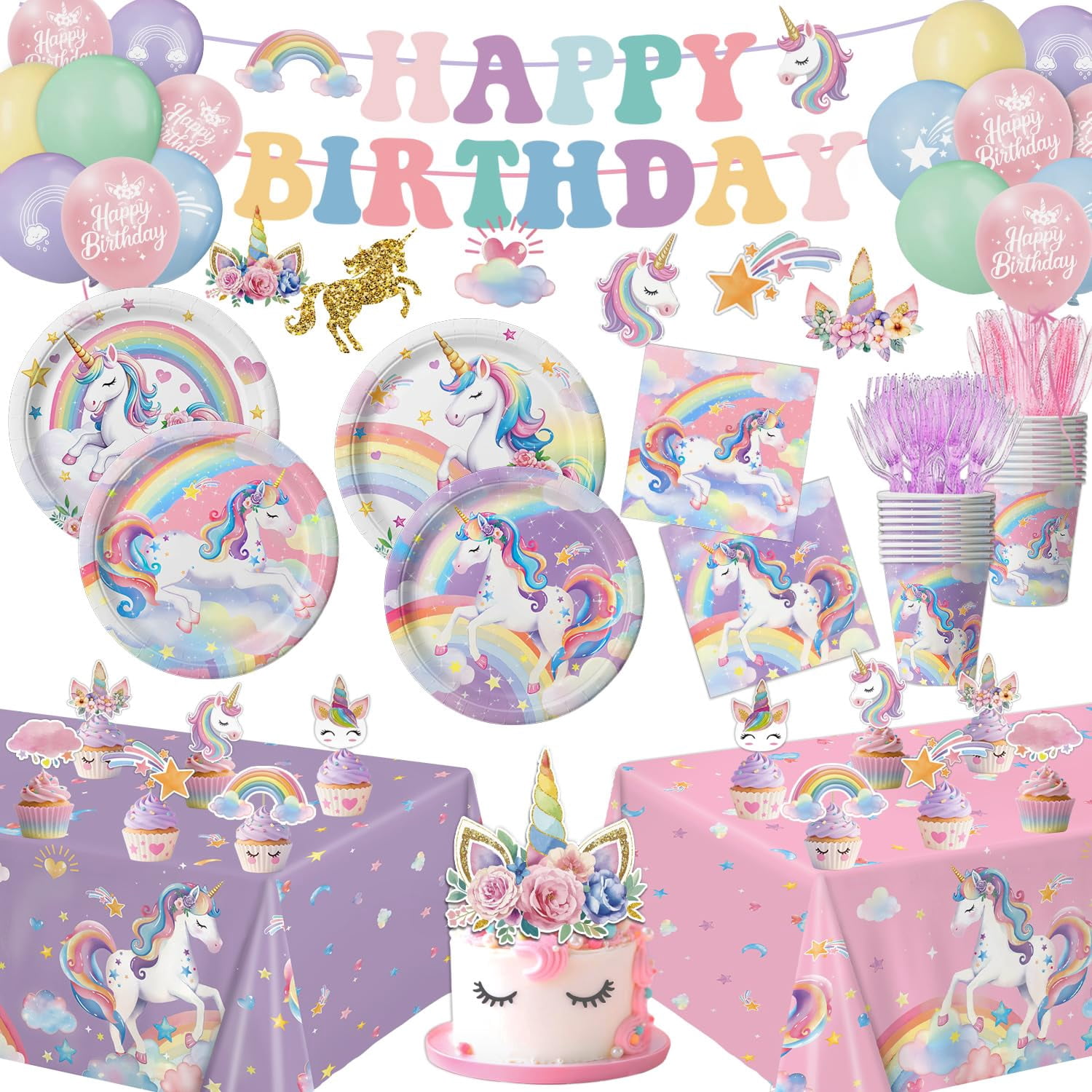 Unicorn Birthday Decorations Includes RRF12 Plates, Napkins, Cups