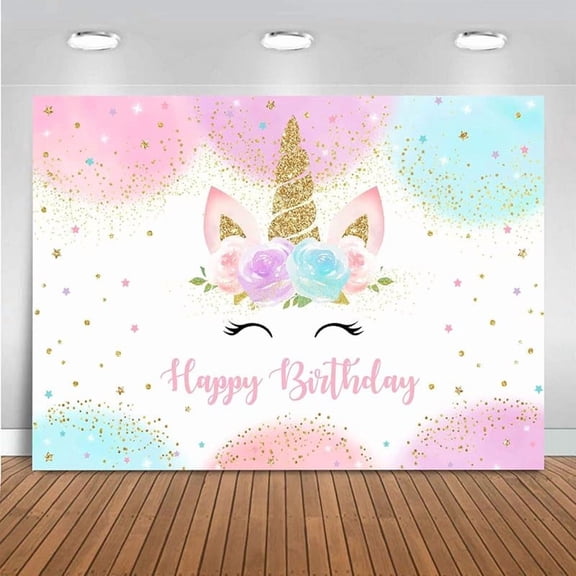 Unicorn Birthday Decorations Unicorn Backdrop for Girls Birthday Party 5x3ft Pastel Rainbow Unicorn Glitter Stars Dots Happy Birthday Banner Photo Booth Props
