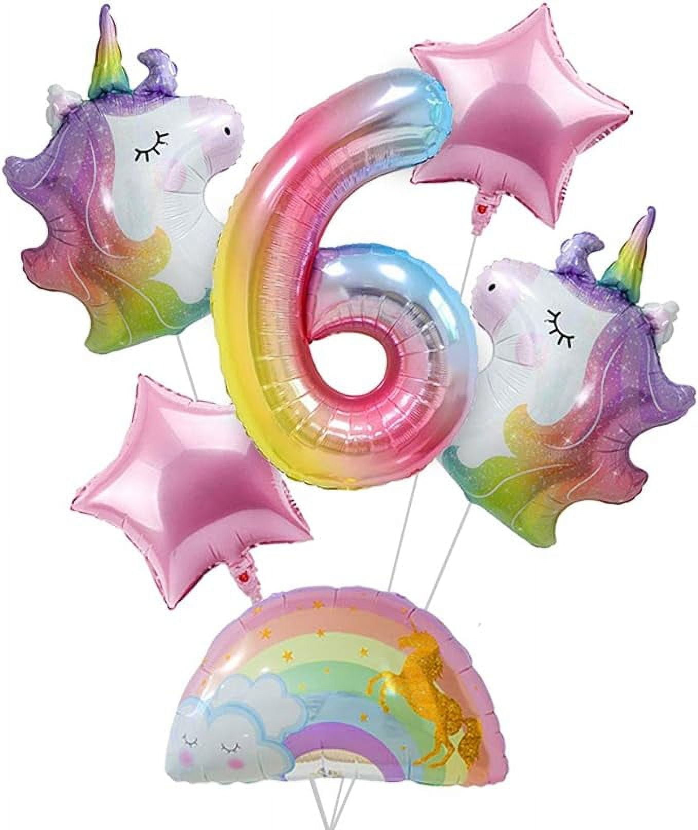 Unicorn Birthday Decorations for Girls 6th Birthday- Bouquet of Unicorn Balloons for Rainbow Unicorn Party Supplies (Number 6)