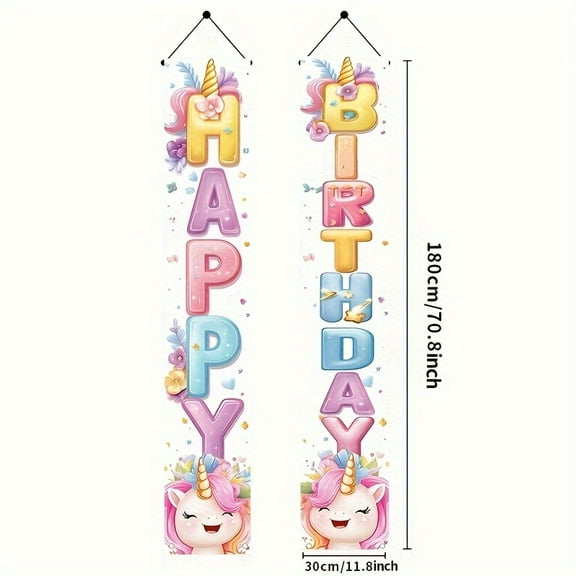Unicorn Birthday Porch Banner, Polyester Fiber, Indoor and Outdoor Party Decoration, Home Wall Decoration, Holiday Door and Party Background Supplies, No Power Needed.