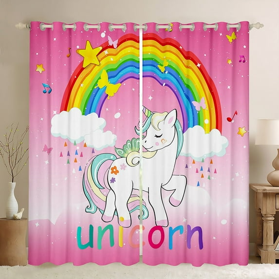 Unicorn Blackout Curtains Kawaii Rainbow Unicorn Curtains Galaxy Stars Window Curtains & Drapes White Horse Floral Darkening Curtains Fantasy Room Decor Pink Unicorn Gift 52"X84"