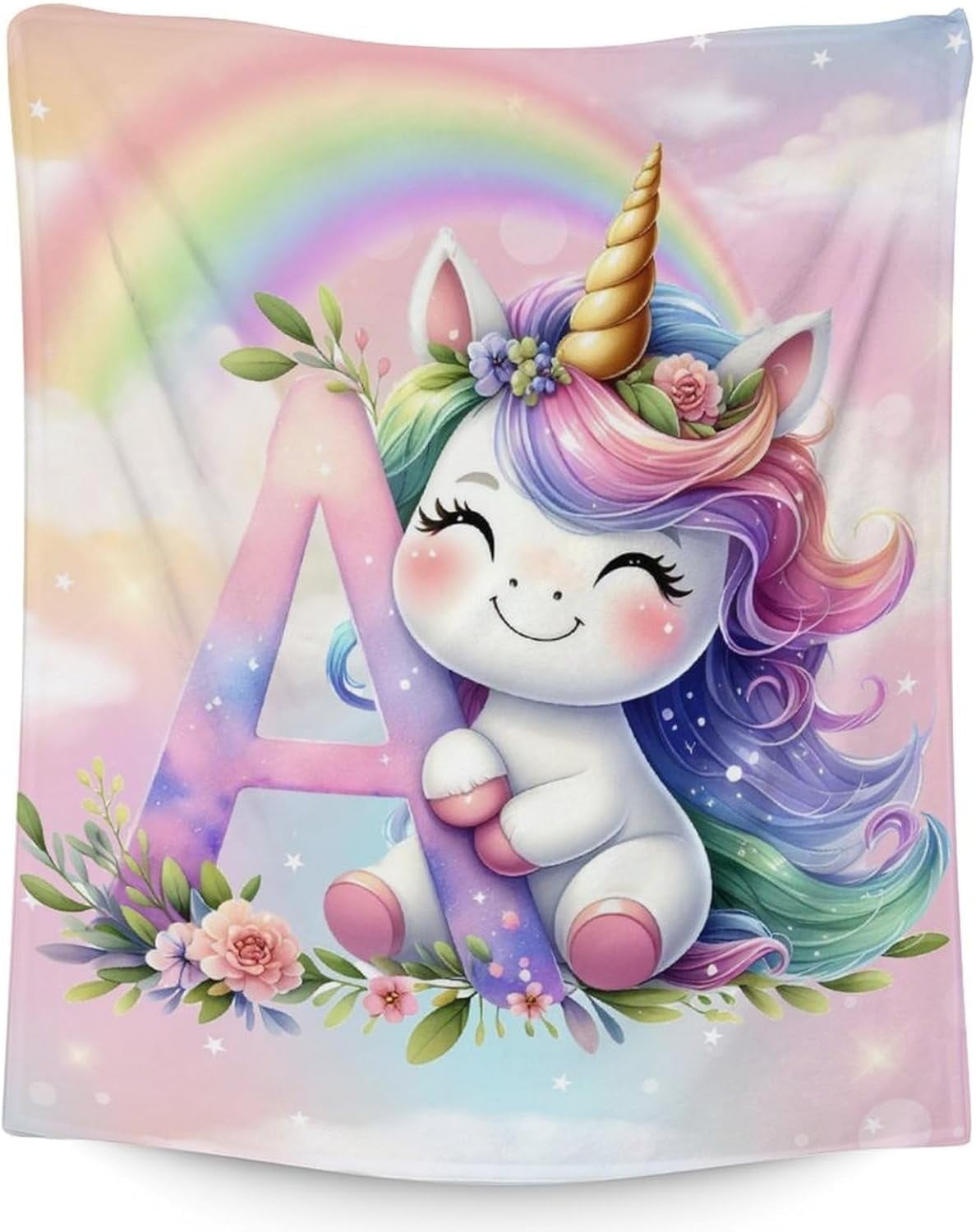 Unicorn Blanket for Girls, Custom Initial Blanket, 50 x 40 Inches Warm Lightweight Blanket for Unicorn Lovers, Cozy Pink Warm Flannel Throw Blanket Bed Sofa Room Decor, Camping, Travel