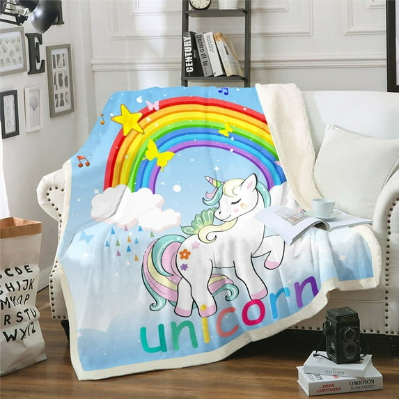 Unicorn Blanket Queen Size Light Blue And White Unicorn Fleece Fuzzy Blanket for Sofa Bed Kawaii Rainbow Unicorn Printed Throw Blanket White Horse Stars Bed Blanket Room Decor