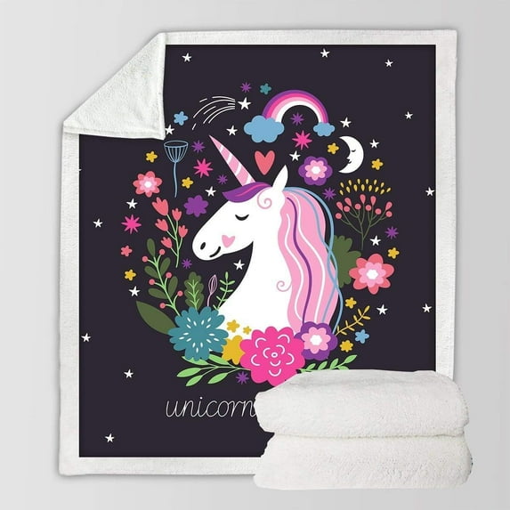 Unicorn Blanket Unicorn Throw Blankets for Girls Cute Unicorn Fleece Blanket for Women Unicorn Flower Fluffy Blanket Black Pink Sherpa Plush Blanket Throw for Kids Childrens Gifts (50"x60")