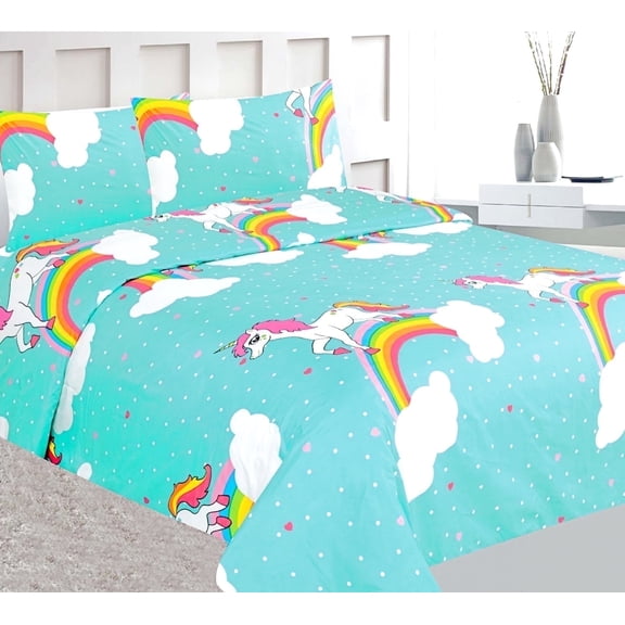 Unicorn Blue New 4Pc Full Colorful Soft & Vibrant Printed Pattern Microfiber Bedding Sheet Set Flat sheet, Fitted sheet, and 2 Pillowcases