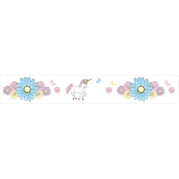 Unicorn Border Wall Decals with Rainbow Colored Flowers and Butterflies for Girls or Kids Room Nursery Wall Sticker Decor