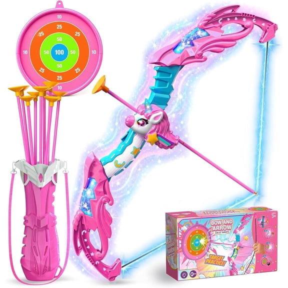 Unicorn Bow and Arrow Toy for Girls Ages 3-5, LED Light-Up Archery Set with 10 Suction Cup Arrows, Target, Quiver, Indoor Outdoor Toy for Kids 5-12