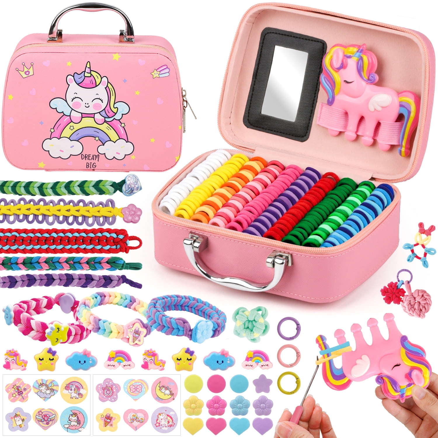 Carsky Unicorn Bracelet Making Kit for Girls, 1000+ Loom Bands DIY Friendship Bracelet Set with Organizer Case & Mirror, Charms, Beads, Keychains, Craft Gift Toys for Kids Ages 6+