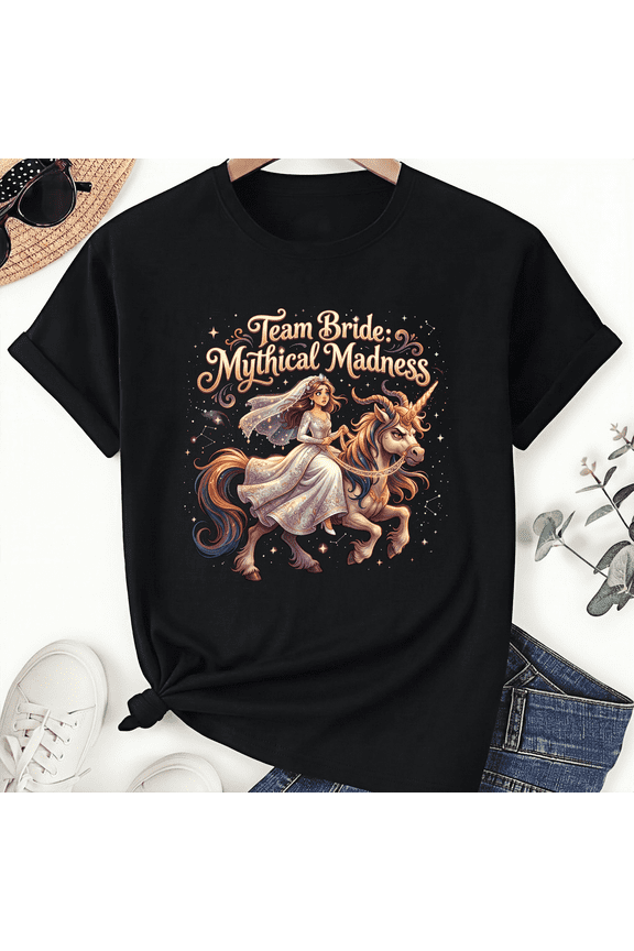 Unicorn Bride Team Graphic Tee Mythical Madness Fantasy Princess Starry Short Sleeve Casual T-shirt