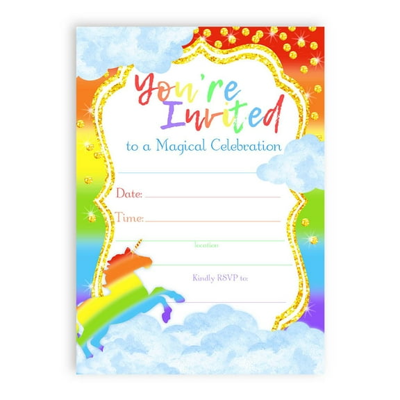 Unicorn Brights LARGE Invitations Rainbow Party Invitations - 10 Invitations + 10 Envelopes