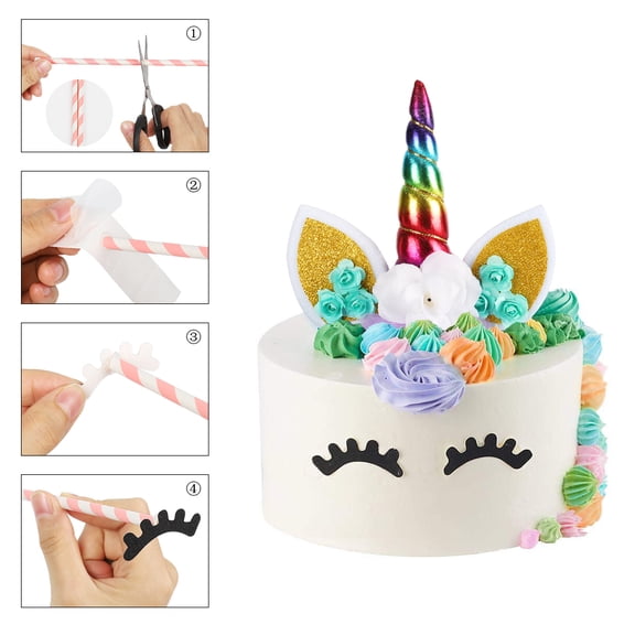 Unicorn Cake Topper & Headband Set, Rainbow Unicorn Horn Cake Decoration with Ears, Eyelashes for Birthday Party
