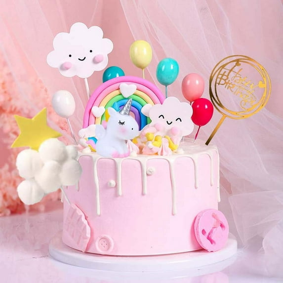Unicorn Cake Topper, Qoadwem 15pcs Unicorn Rainbow Cake Toppers For Girls with Rainbow Heart Unicorn Cloud Balloon Happy Birthday Cake Decorations For Boys Girls Kids Birthday