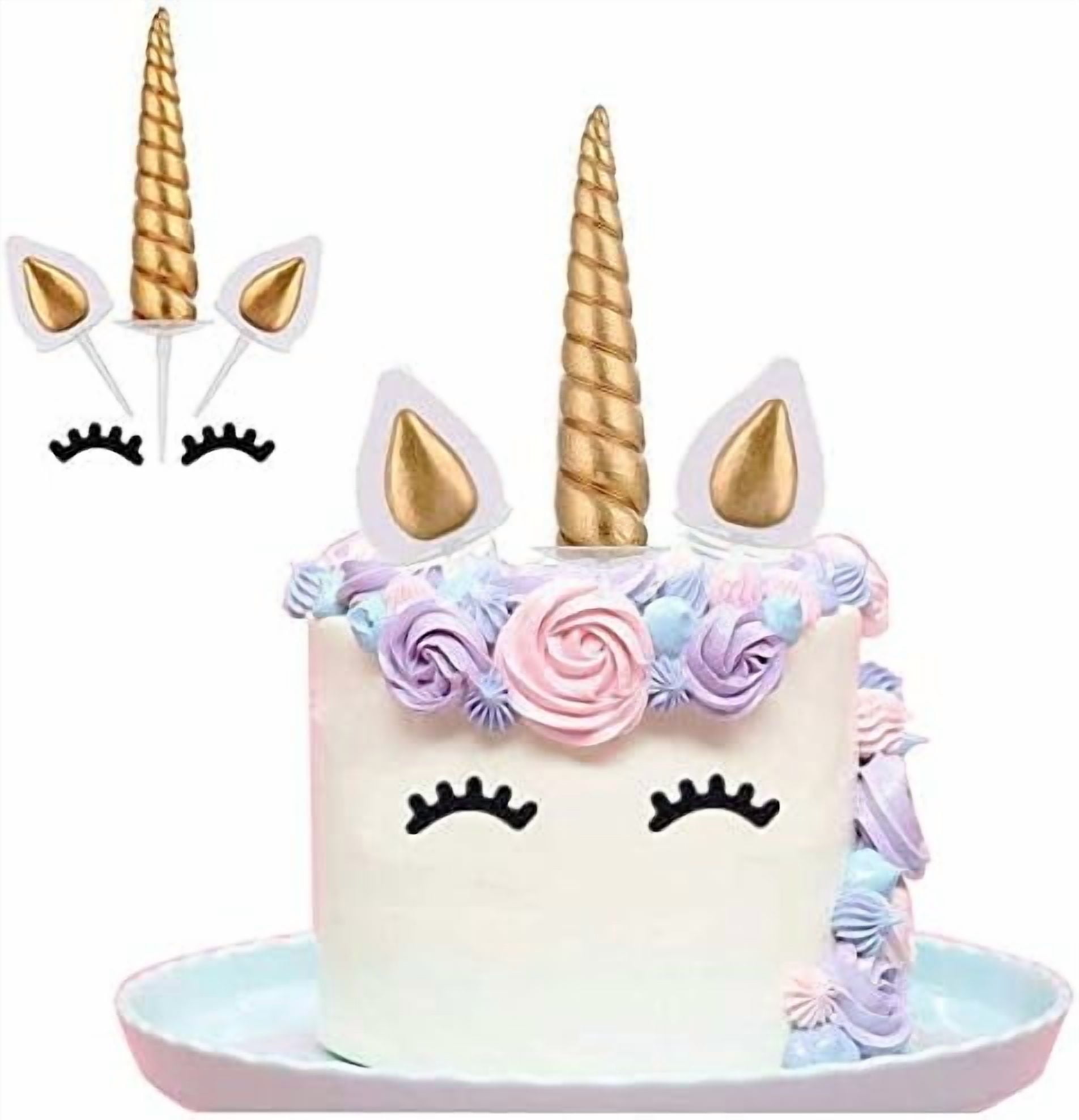 Unicorn Cake Topper, Reusable Gold Unicorn Horn, Ears and Eyelashes Party Cake Decoration Value Set for Unicorn Party Decoration for Baby Shower, Wedding and Birthday Party(Set of 5)$$