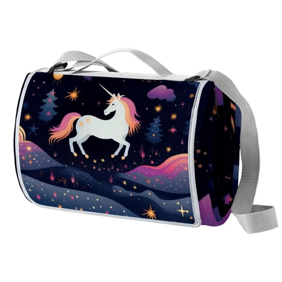 Unicorn Canvas Picnic Mat Beach Blanket Waterproof Portable Outdoor Camping Rug with Carry Strap Foldable Lightweight for Hiking Travel 72" x 59" Blue and White Stripes