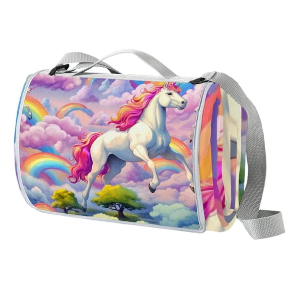 Unicorn Canvas Picnic Mat Beach Blanket Waterproof Portable Outdoor Camping Rug with Carry Strap Foldable Lightweight for Hiking Travel 72" x 59" Blue and White Stripes