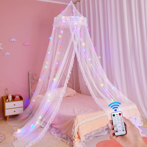Unicorn Castle Bed Canopy for Girls with Remote Timer Breathable Canopy Bed Curtains with 8 Modes LED Lights Net Canopy for Bed for Girls Room Decor,White