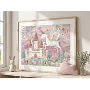 Unicorn Castle Wall Art Print, Pink Fairytale Girls Room Poster, Unframed Paper Poster 8x10in
