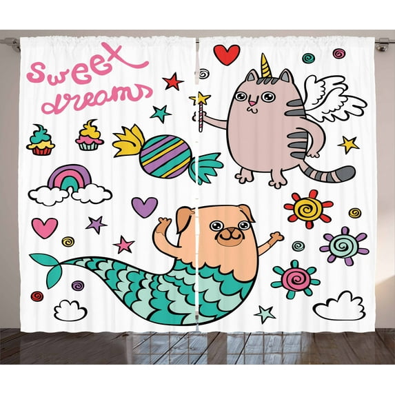 Ambesonne Unicorn Cat Curtains 2 Panel Set, Pug Mermaid Wish, 108" x 84", Multicolor