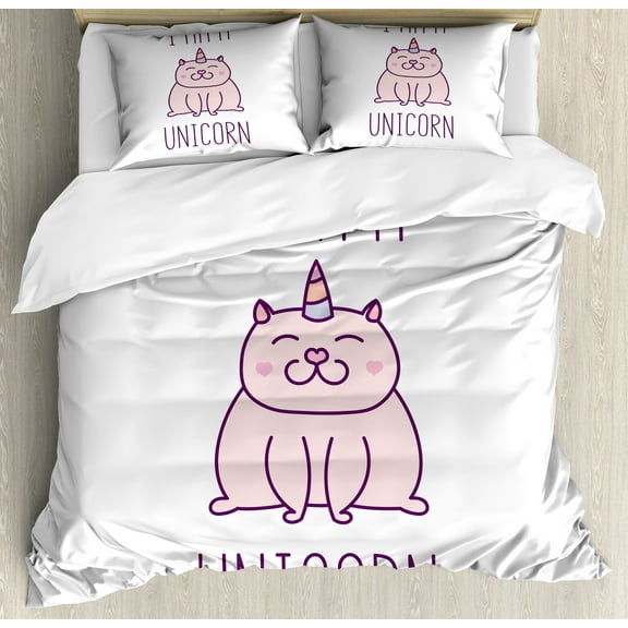 Unicorn Cat Duvet Cover Set, Fantasy Animal with I am a Unicorn Words Funny Fictive Kitten, Decorative 3 Piece Bedding Set with 2 Pillow Shams, Queen Size, Pale Pink Purple, by Ambesonne