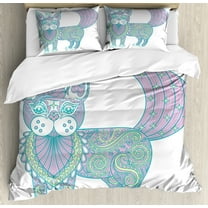Unicorn Cat Duvet Cover Set, Magic Cat with Ornate Patterns Boho Motifs, Decorative 3 Piece Bedding Set with 2 Pillow Shams, Calking Size, Pink Teal Pale Yellow, by Ambesonne