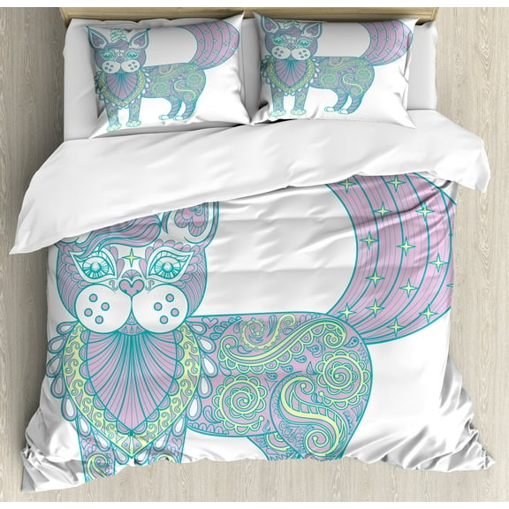 Unicorn Cat Duvet Cover Set, Magic Cat with Ornate Patterns Boho Motifs, Decorative 3 Piece Bedding Set with 2 Pillow Shams, Calking Size, Pink Teal Pale Yellow, by Ambesonne