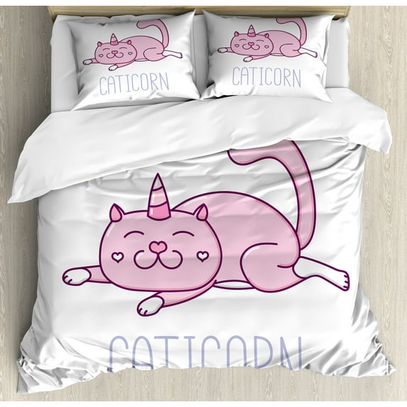 Unicorn Cat Duvet Cover Set, Pink Cat a Horn and Funny Expression Lying Caticorn Cartoon Mascot, Decorative 3 Piece Bedding Set with 2 Pillow Shams, Queen Size, Pink Lilac White, by Ambesonne
