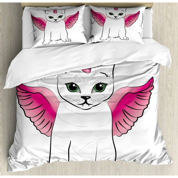 Unicorn Cat Duvet Cover Set, Urban Fantasy Theme Cat with Pink Wings and Horn Vintage Fiction Art, Decorative 3 Piece Bedding Set with 2 Pillow Shams, King Size, Pink Black, by Ambesonne