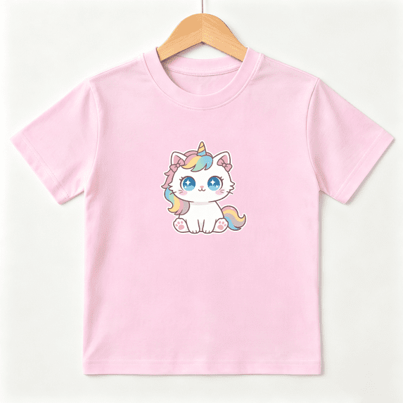 Unicorn Cat Girls Graphic Tee, Cute Magic Kitten Rainbow 100% Cotton Kids Short Sleeve T-Shirt